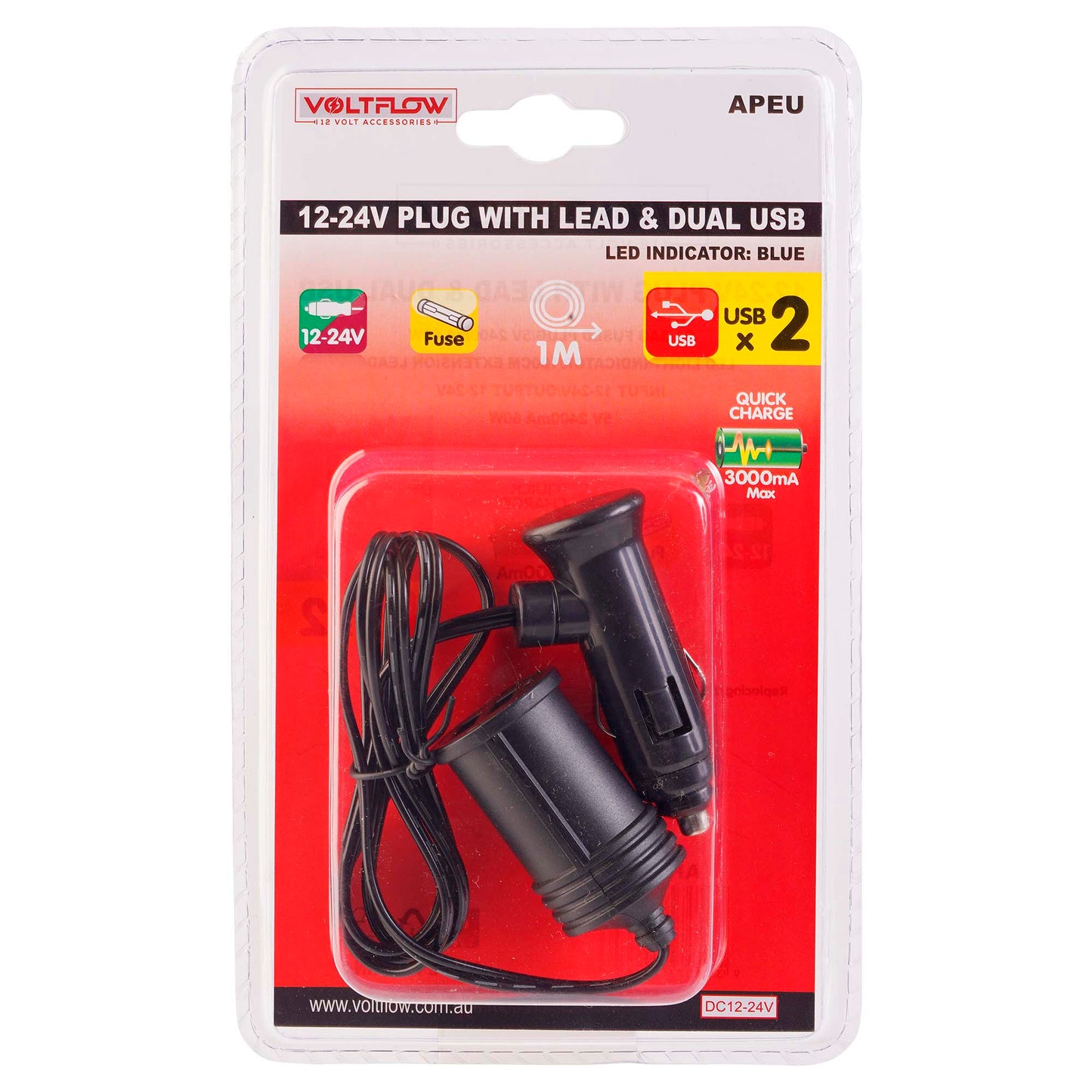 VoltFlow 12V Accessory Plug Cable + Dual USB 3Amp