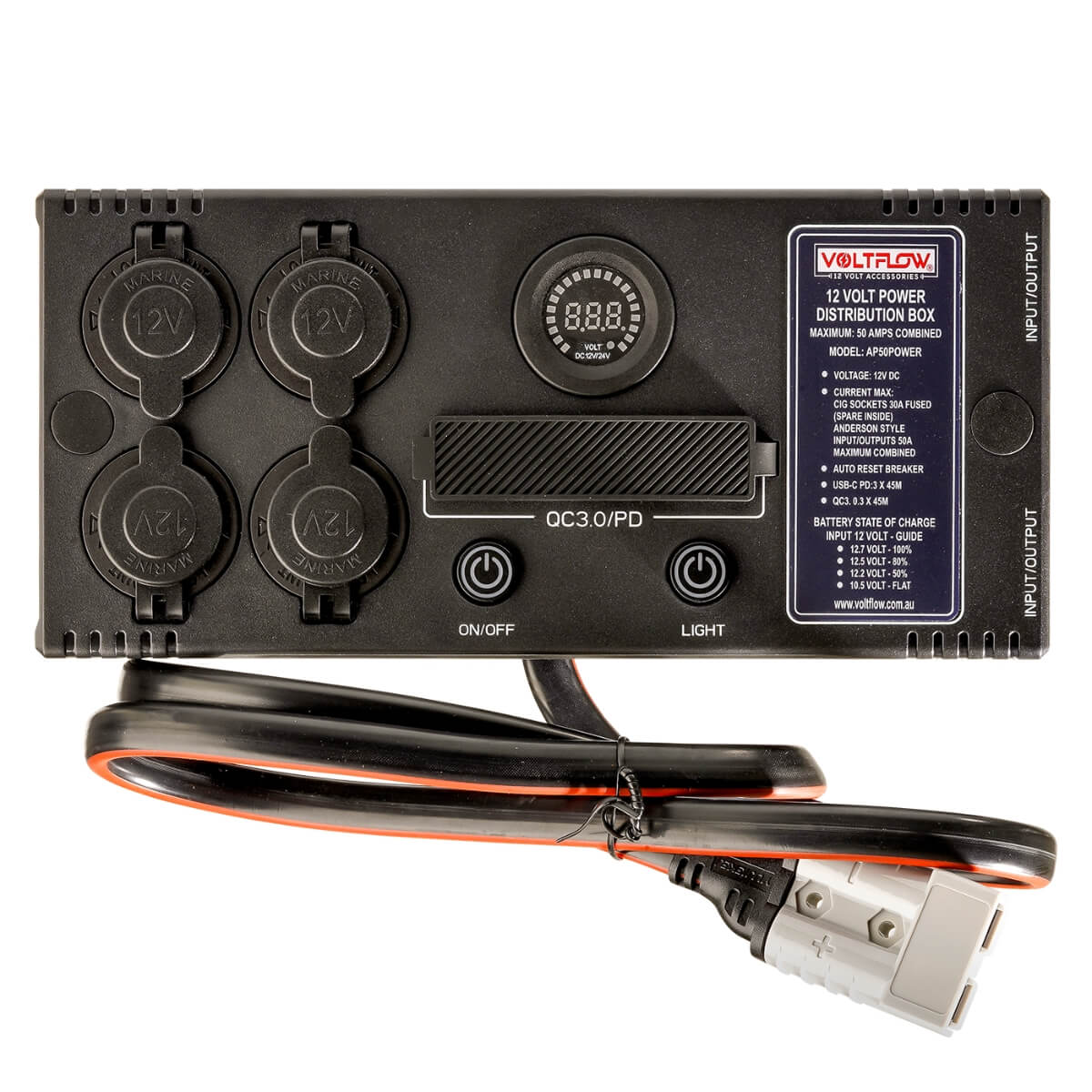 VoltFlow 12V Power Extension Box 50Amp with Anderson, USB & Cig Sockets