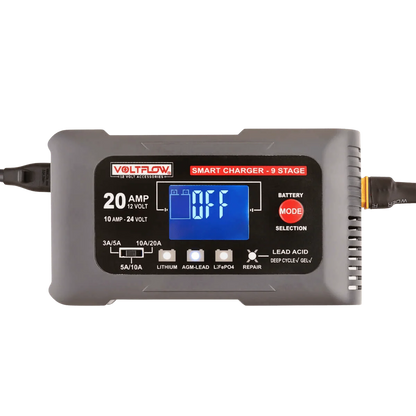 Voltflow 20Amp Smart Battery Charger & Maintainer 12-24V 9-Stage Lithium Capable - Multi Amp - High Output - Fan Cooled