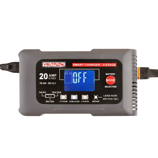 Voltflow 20Amp Smart Battery Charger & Maintainer 12-24V 9-Stage Lithium Capable - Multi Amp - High Output - Fan Cooled
