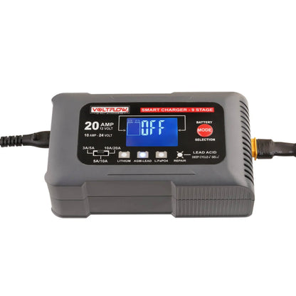 Voltflow 20Amp Smart Battery Charger & Maintainer 12-24V 9-Stage Lithium Capable - Multi Amp - High Output - Fan Cooled