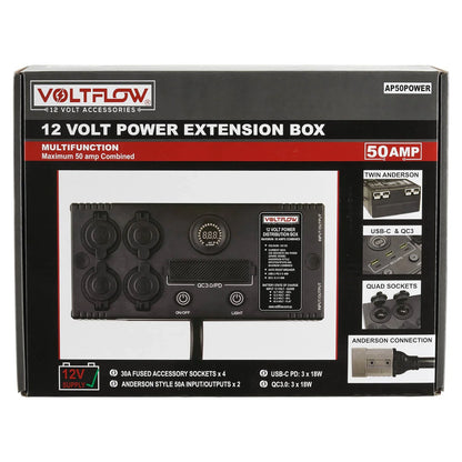 VoltFlow 12V Power Extension Box 50Amp with Anderson, USB & Cig Sockets