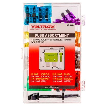 VoltFlow Car Fuses 100 Piece 3Amp-30Amp Kits - Standard Blade