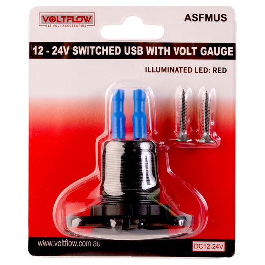 VoltFlow 12V Volt Gauge Flush Mount with USB and Switch with Red LED