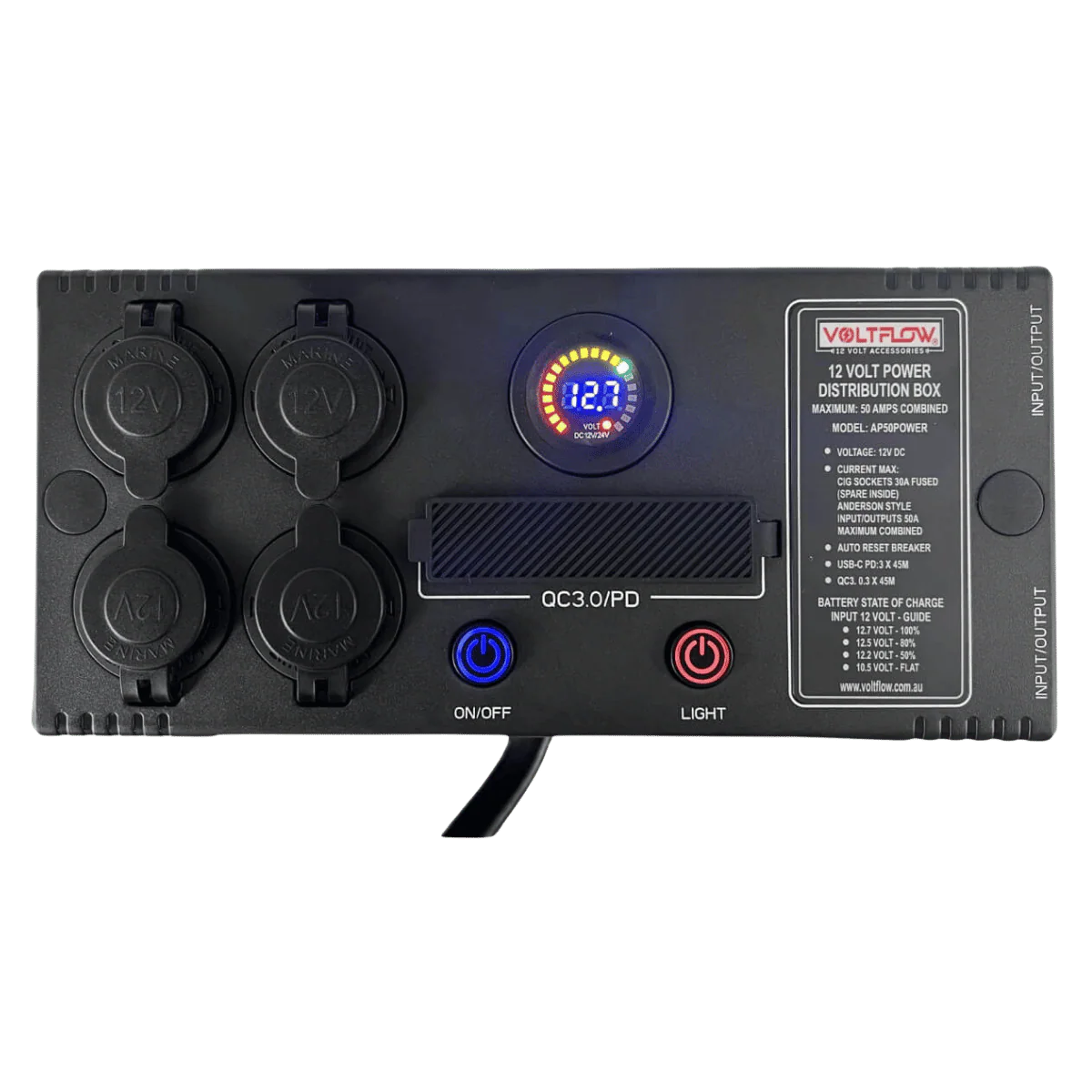 VoltFlow 12V Power Extension Box 50Amp with Anderson, USB & Cig Sockets